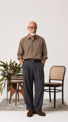 Camicia The Sofista marrone a righe bianche indossata con pantaloni ampi grigio scuro e scarpe marroni.